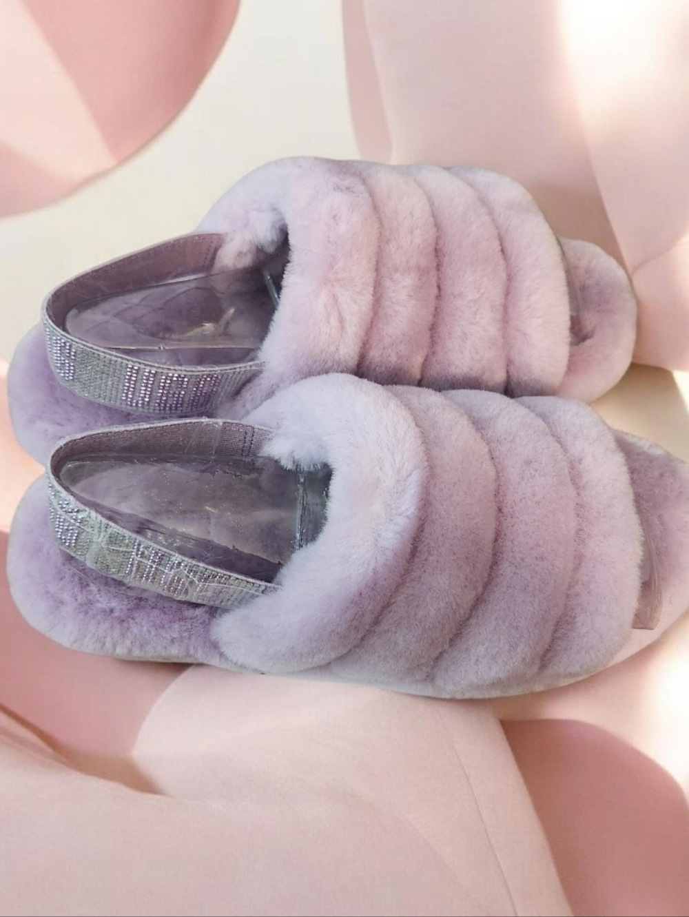 UGG Women's Plush Lilac Fluff Yeah Slides Wit Bling Straps ■ NIB■ Firm